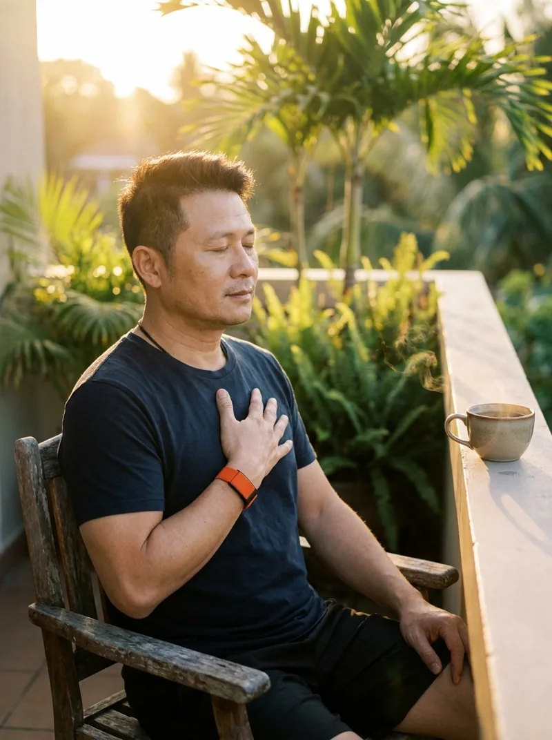 Người đàn ông ngồi thở trên ban công buổi sáng, tay đặt lên ngực