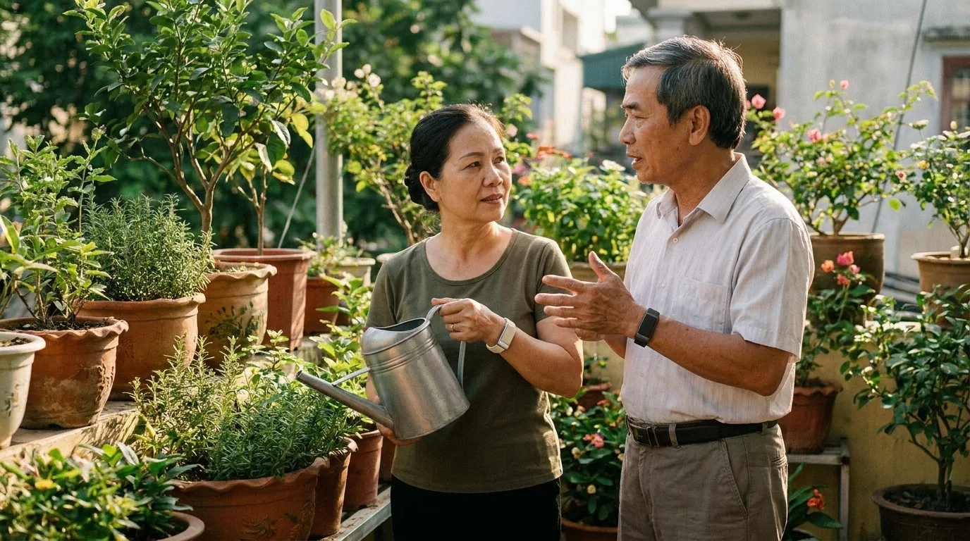 Hai vợ chồng lớn tuổi chăm cây trên ban công buổi chiều